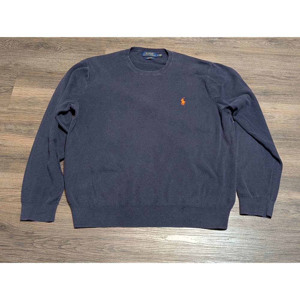 Polo Ralph Lauren Pima Cotton Crewneck Sweater Mens L Navy‎ Orange Pony Preppy
